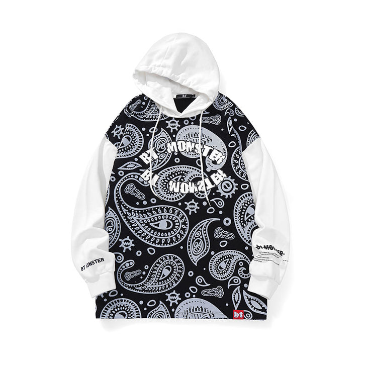 Color contrast patchwork cashew floral monogram print hoodie drop sleeve cotton hoodie