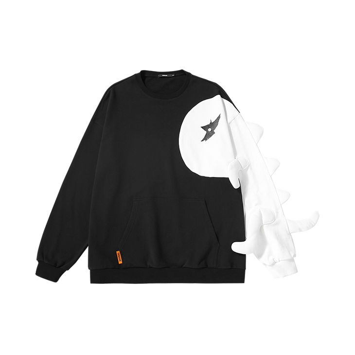Asymmetrical color sleeve stereoscopic lightning dinosaur splicing off shoulder cotton hoodie