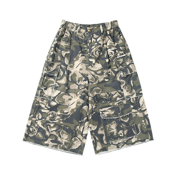 【GENANX2024NEW】Vintage cargo style camo print multi-pocket cotton capri casual pants