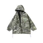 Cargo style camouflage print hooded sleeved multi-pocket stretch rope quilted jacket