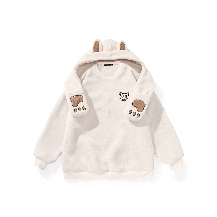 Monogram embroidered lamb wool hoodie with drawdown cuff ribbed