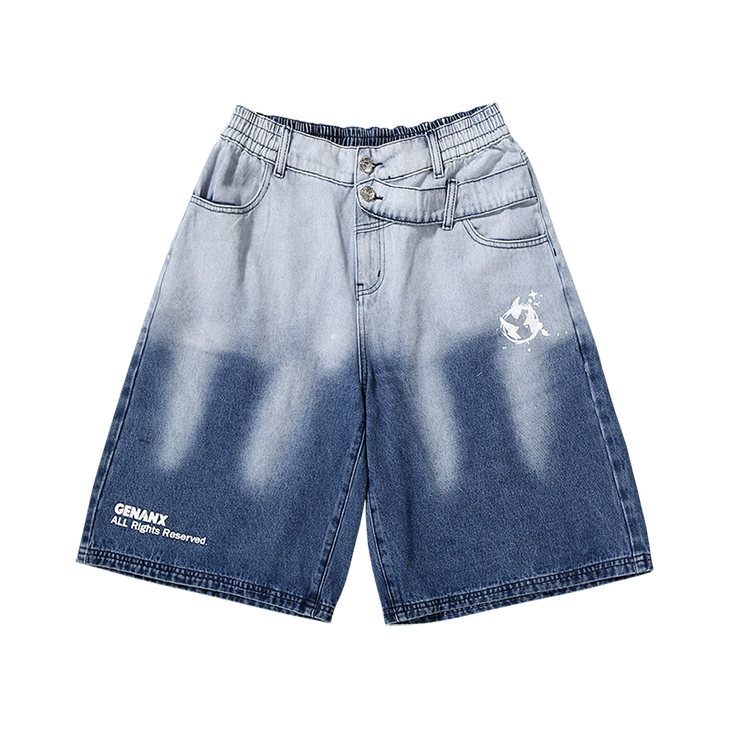 Blue and white gradient Lightning printed button belt denim quarter shorts