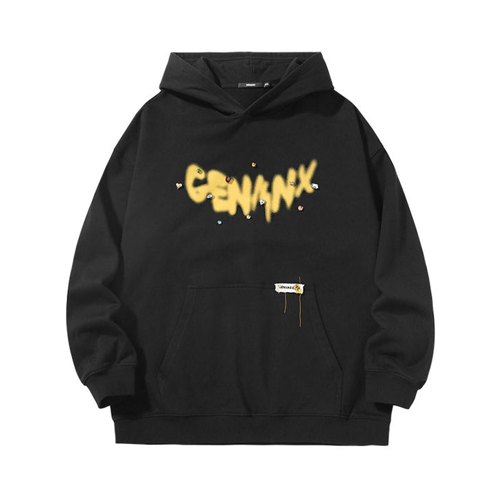 【GENANX2024NEW】Far infrared self-heating constant warm leather street style crystal candy diamond LOGO printed fleece lining hoodie