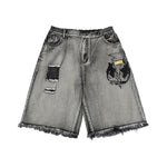 Lightning King embroidered ripped raw edge line with hem black grey denim shorts
