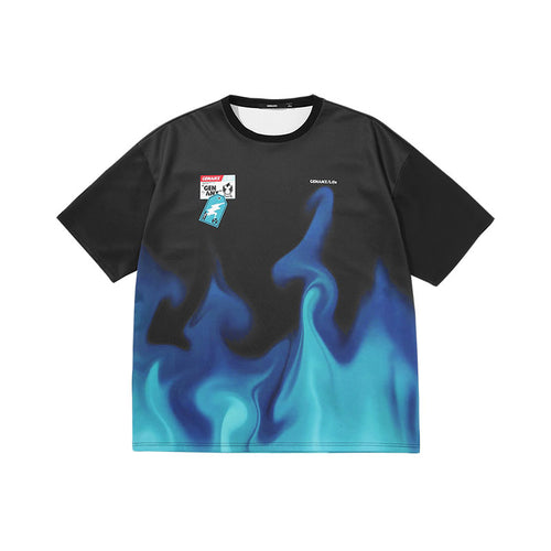 Gradient color Lightning Flame print crewneck sleeved space cotton T-shirt