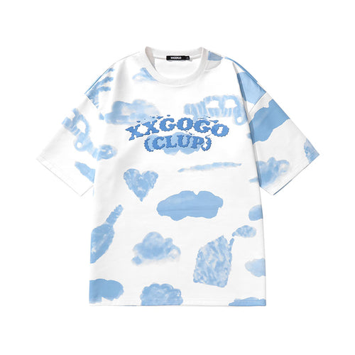 Creative Cloud alphabet print Space cotton sleeved crew neck T-shirt