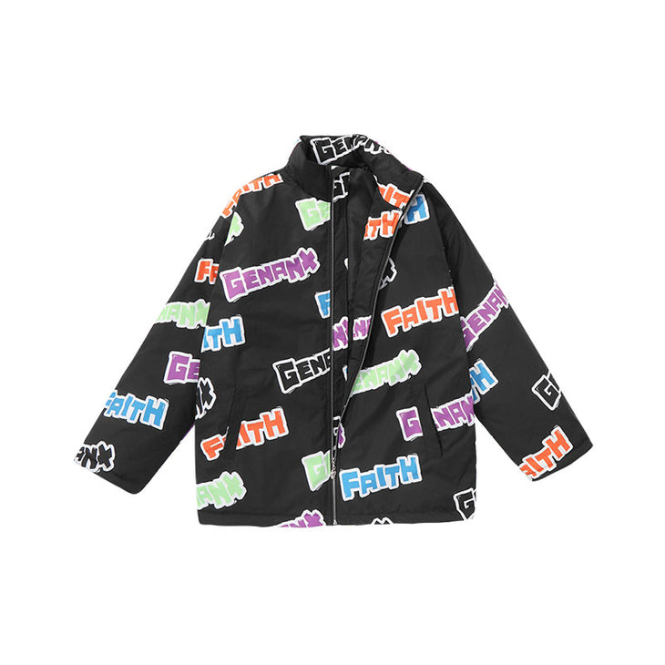 【GENANX2024NEW】Fun letter-printed zippered stand-up collar with rotator sleeve loose padded jacket.