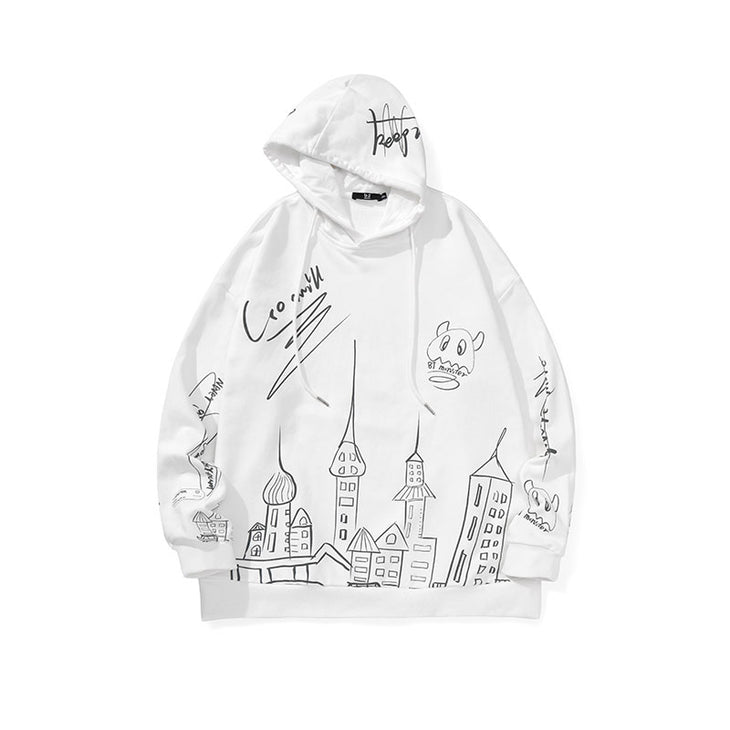 Hand-painted castle print label hooded drawstring sleeved cotton hoodie