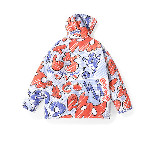 Colorful hand-painted graffiti monogram print hooded sleeved Velcro quilted jacket