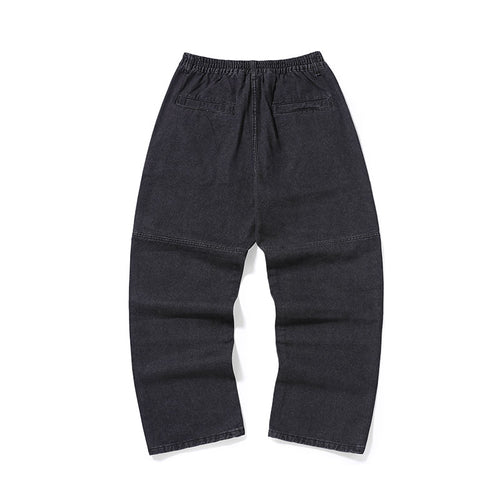Simple style letter print medium high waist loose straight leg black and grey jeans