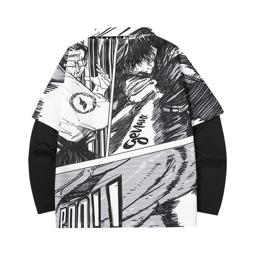 Color contrast stitching fake two comic style cartoon full print space cotton hoodie