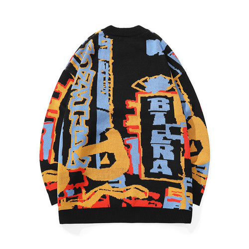 Street hip hop fancy monogrammed round neck drop cuff pullover sweater