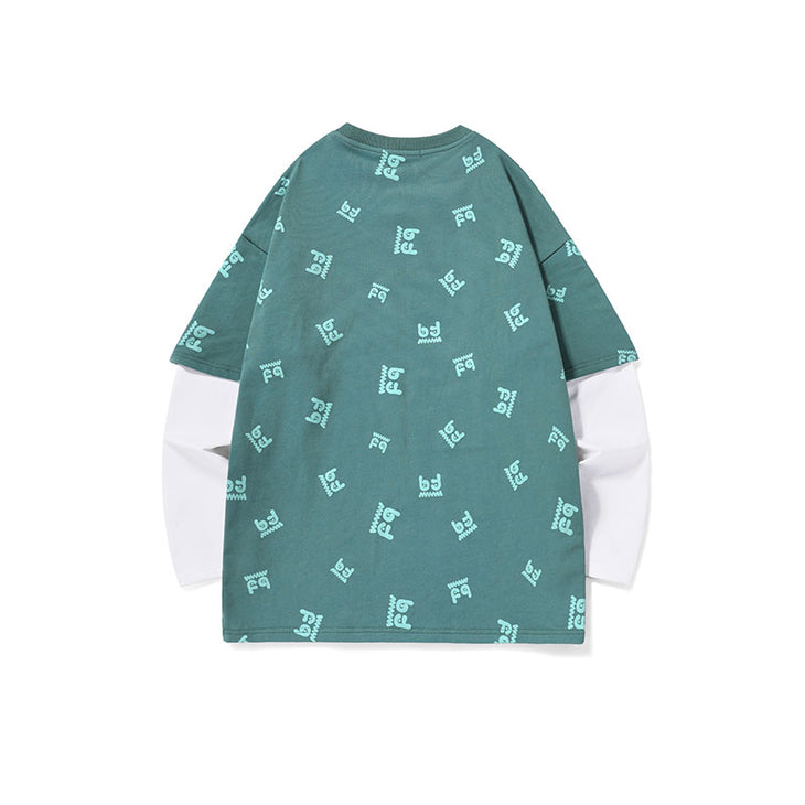 Fake two pieces of cotton sweatshirt with different materials and colors full of graffiti drop sleeves