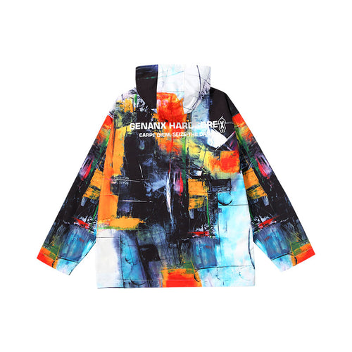 Impressionist color contrast graffiti covered with hooded oil, stain, and waterproof jacket