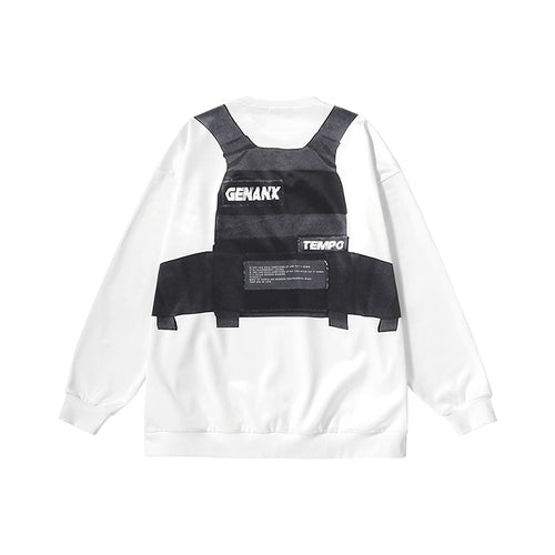 Fun workwear style vest print zipper pocket drop shoulder space cotton hoodie