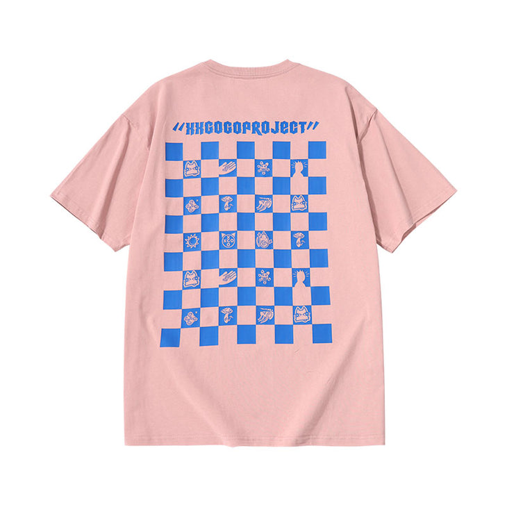 Checkerboard creative pattern alphabet print loose sleeved cotton T-shirt
