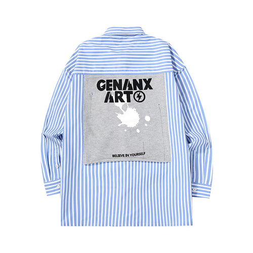 Mixed color blue and white striped ripped thread with printed sweater applique shirt