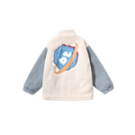 Color contrast patchwork cartoon graffiti embroidered stand-up collar with sleeved lamb wool padded jacket