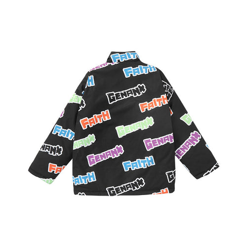 【GENANX2024NEW】Fun letter-printed zippered stand-up collar with rotator sleeve loose padded jacket.