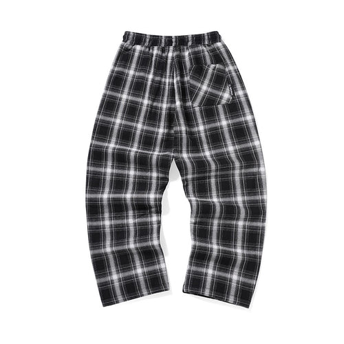 Black and white plaid elastic mid-high waist straight leg casual pants