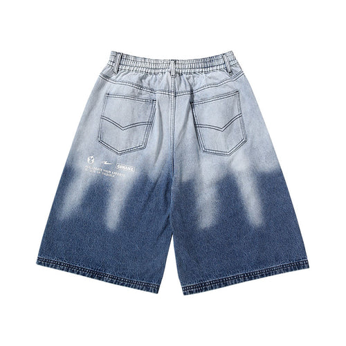 Blue and white gradient Lightning printed button belt denim quarter shorts