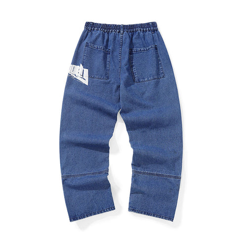 Letter-printed label loose straight four-button jeans with detachable bottoms
