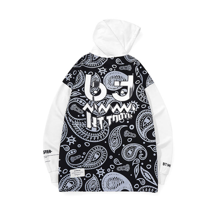 Color contrast patchwork cashew floral monogram print hoodie drop sleeve cotton hoodie