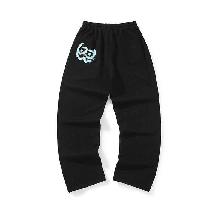 Simple style graffiti printed stretch rope label cotton sports casual pants