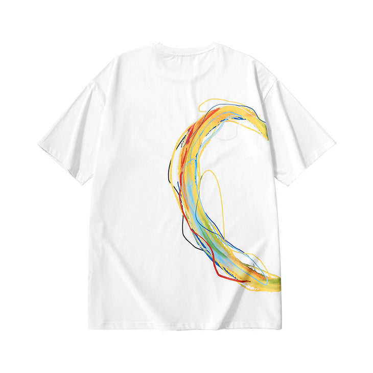 Rainbow color curved line letter print loose sleeved round neck T-shirt