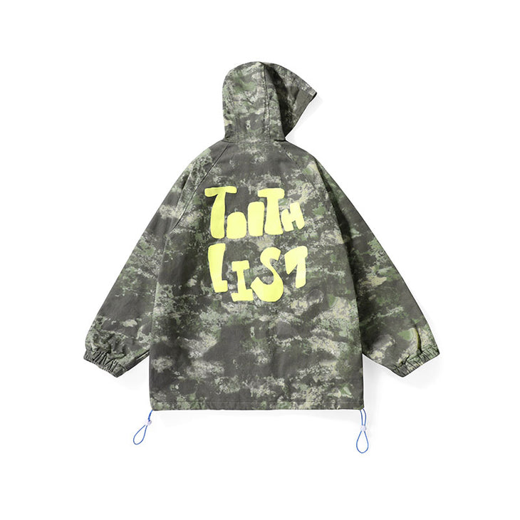 Cargo style camouflage print hooded sleeved multi-pocket stretch rope quilted jacket