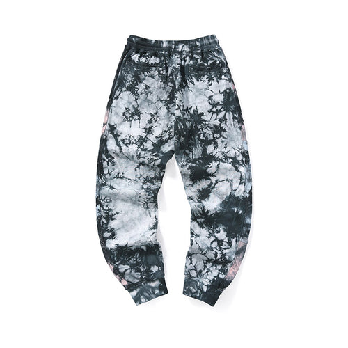 Retro style black grey tie-dye printed embroidered stretch leg sports casual pants