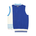 V-neck sleeveless sweater with irregular cut hem and color contrast jacquard labe