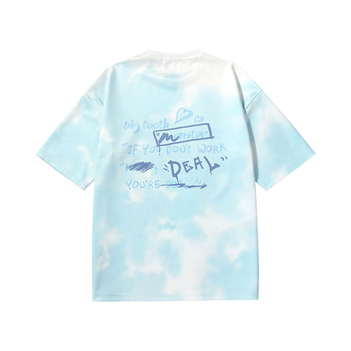 Blue Sky letter cartoon print loose shoulder space cotton T-shirt