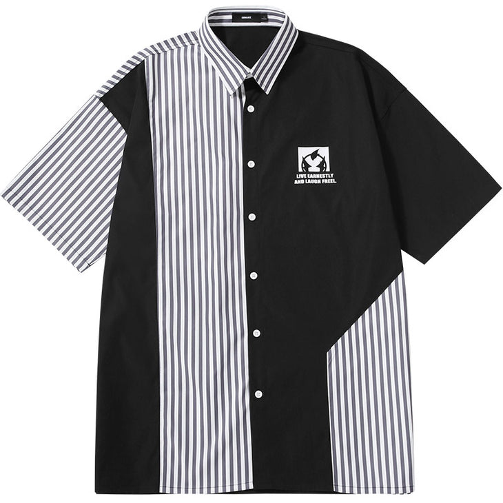Asymmetrical Contrast Striped Monogram Dropped Sleeve Shirt