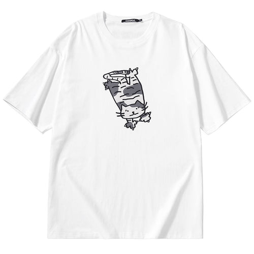 Kitten print loose sleeved cotton round neck T-shirt