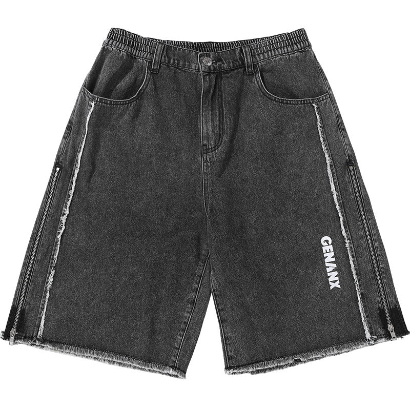 Deconstructed Print Frayed Side Zip Denim Shorts – genanx