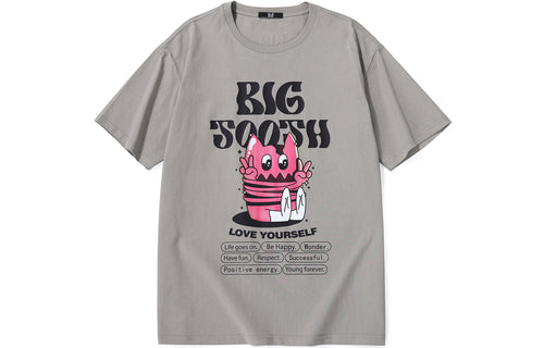 Cartoon big-toothed monster English letter print loose sleeved round neck T-shirt