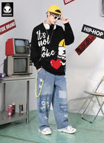 Color Block Ripped Letter Print Straight Jeans