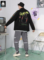 Cartoon Graffiti Print Zip Slant Placket Stand Collar Jacket