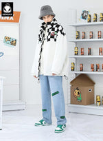 Color Block Checkerboard Stand Collar Padded Coat
