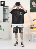 Color Block Projector Print Floating Belt Fake Two Piece T-Shirt
