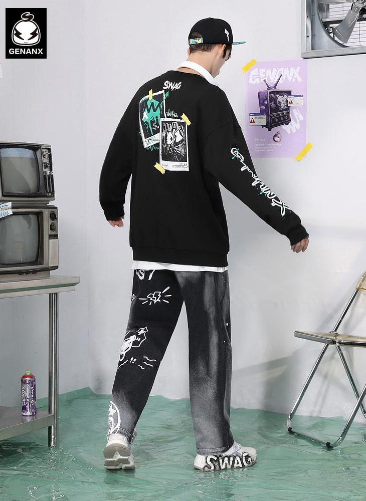 Casual Graffiti Print Pocket Drop-Shoulder Sleeve Sweatshirt