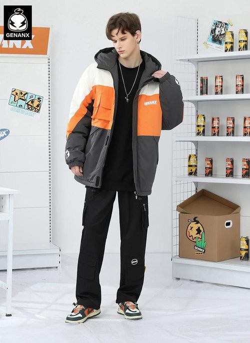 Contrast Color Hooded Padded Coat