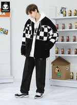 Checkerboard Embroidery Label Fleece Padded Coat
