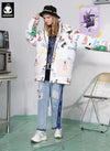 White Cartoon Graffiti Patchwork Pocket Padded Coat