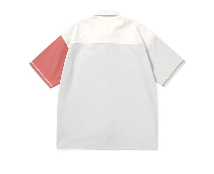Asymmetrical Color Block Patchwork Point Collar Drop Shoulder Sleeve Shirt