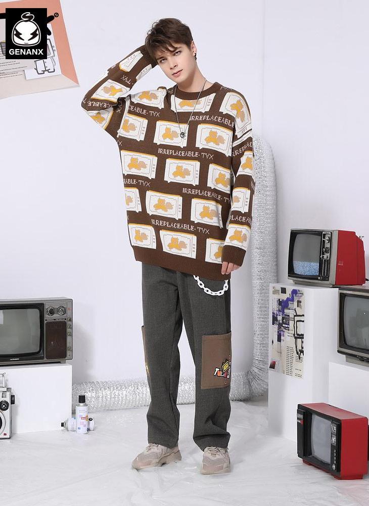 Color Block TV Bear Jacquard Sweater