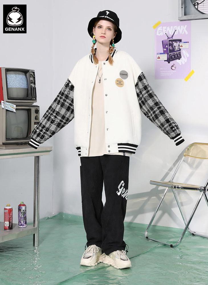 Vibe Style Color Block Embroidered Baseball Collar Jacket