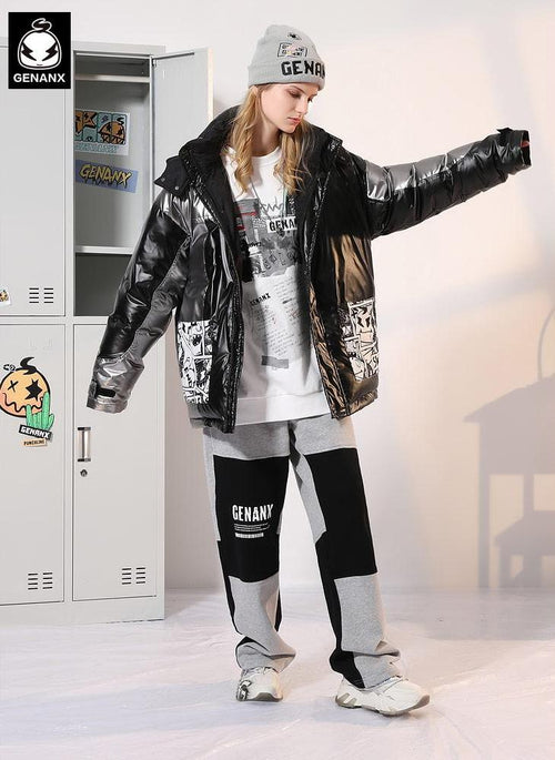 Comic Patchwork Letter Print Removable Hooded Down Jacket