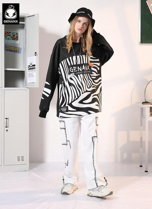 Black Zebra Stripe Print Contrast Color Sweatshirt